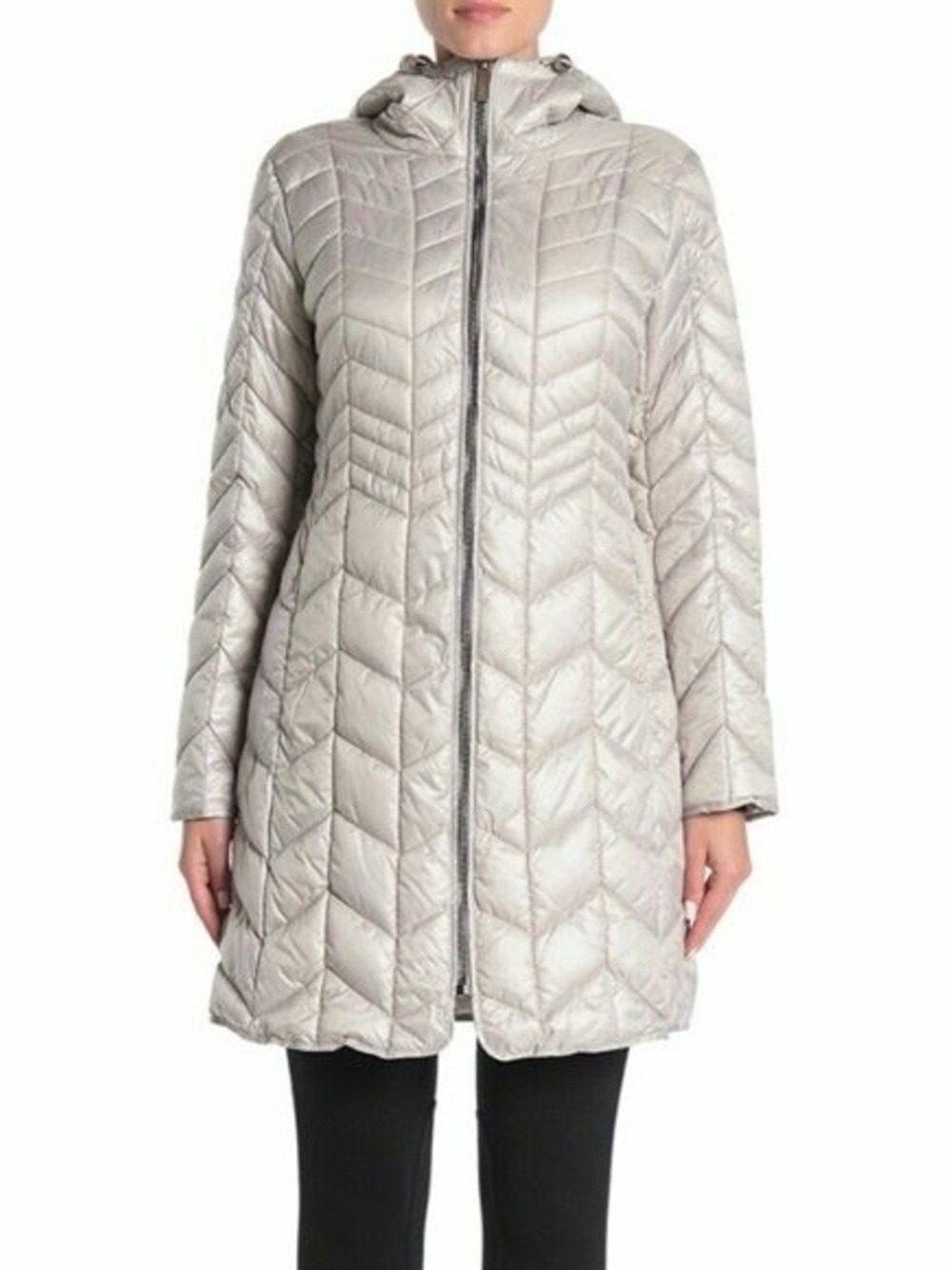 Kenneth Cole Metallic Silver Quilted Hooded Puffer Coat